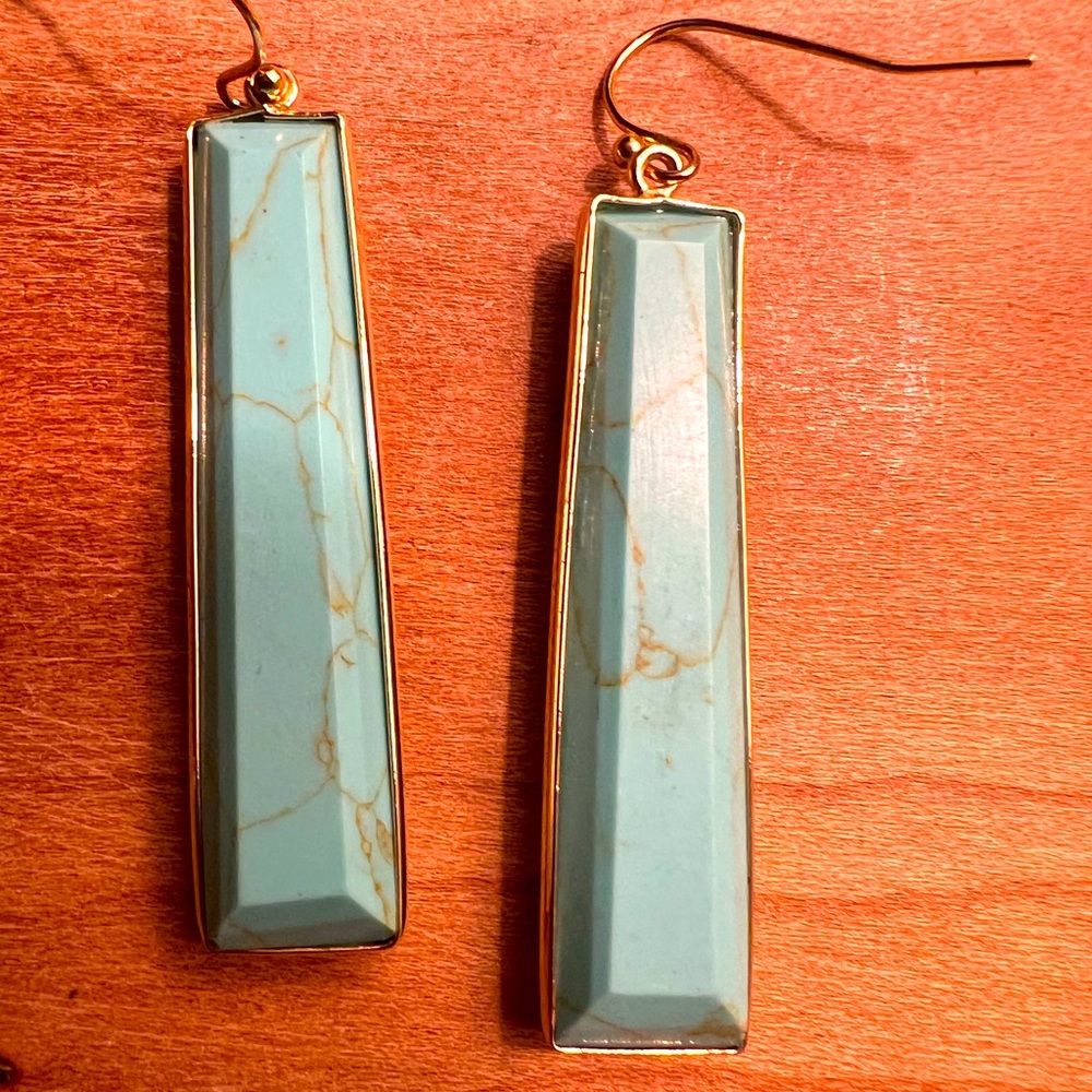 Anthropologie Pale Turquoise & Gold Rectangular Stone Drop Earrings